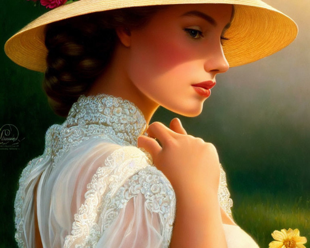 Woman in straw hat and lace dress in sunlit scene