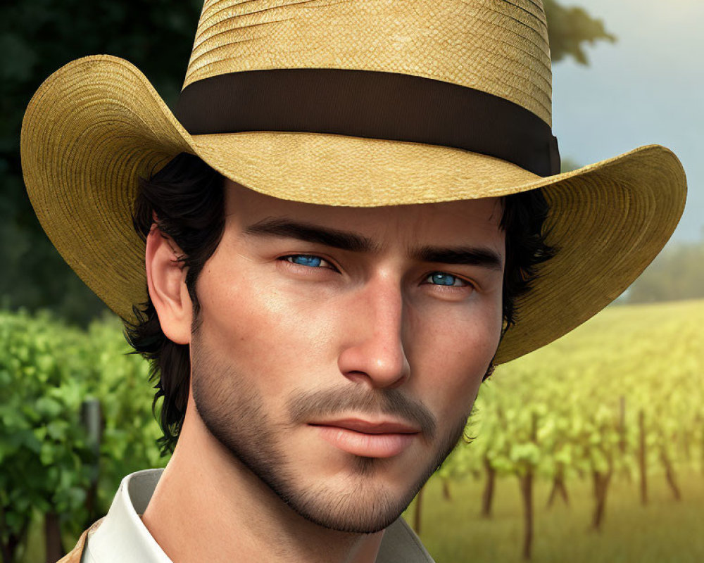 Digital artwork: Man with Blue Eyes in Straw Hat, Vineyard Background