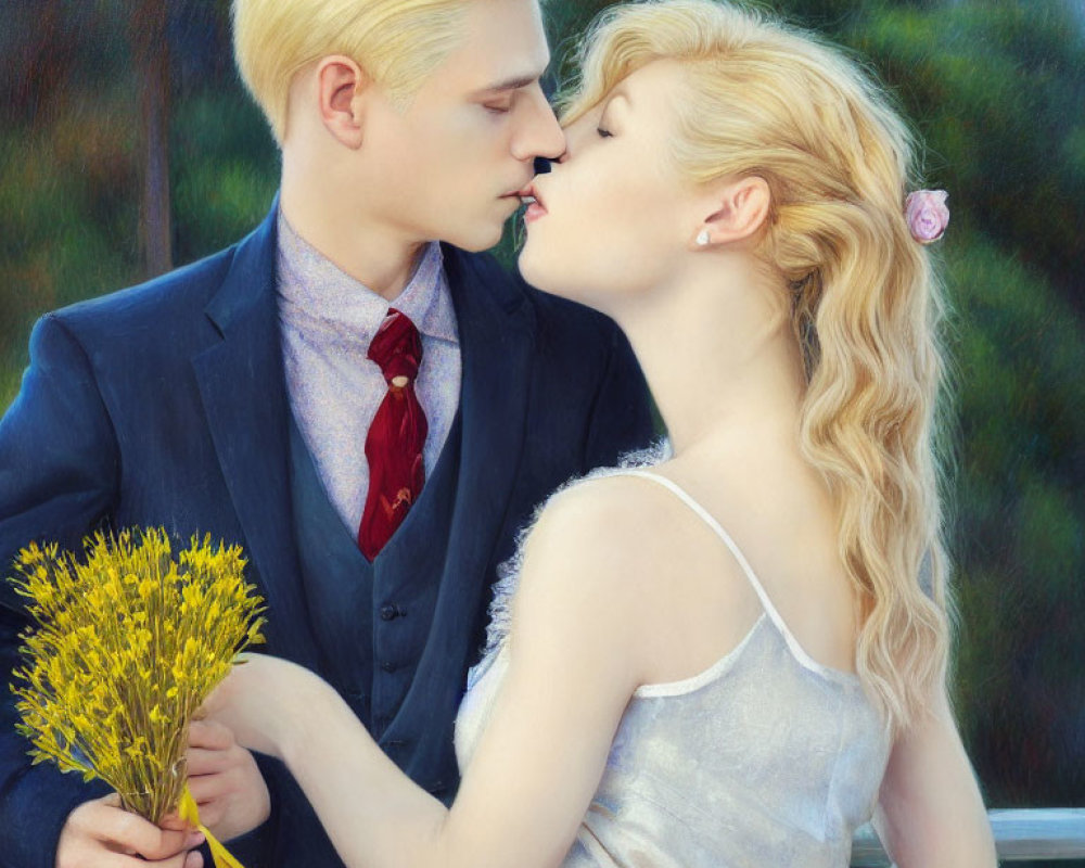 Blonde couple nose kissing with yellow flowers in romantic painting