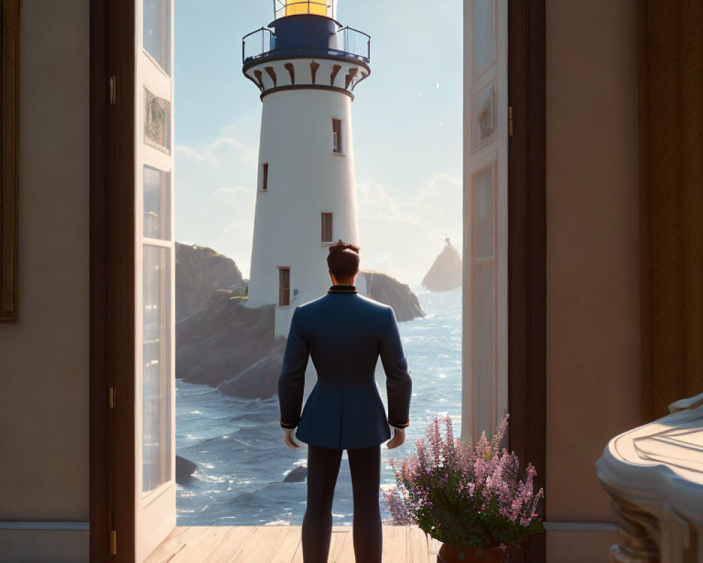 Business person at open door views lighthouse and sea scene