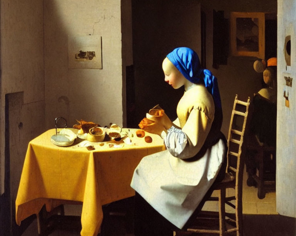 Woman in Blue Headscarf Examining Pitcher in Rustic Interior