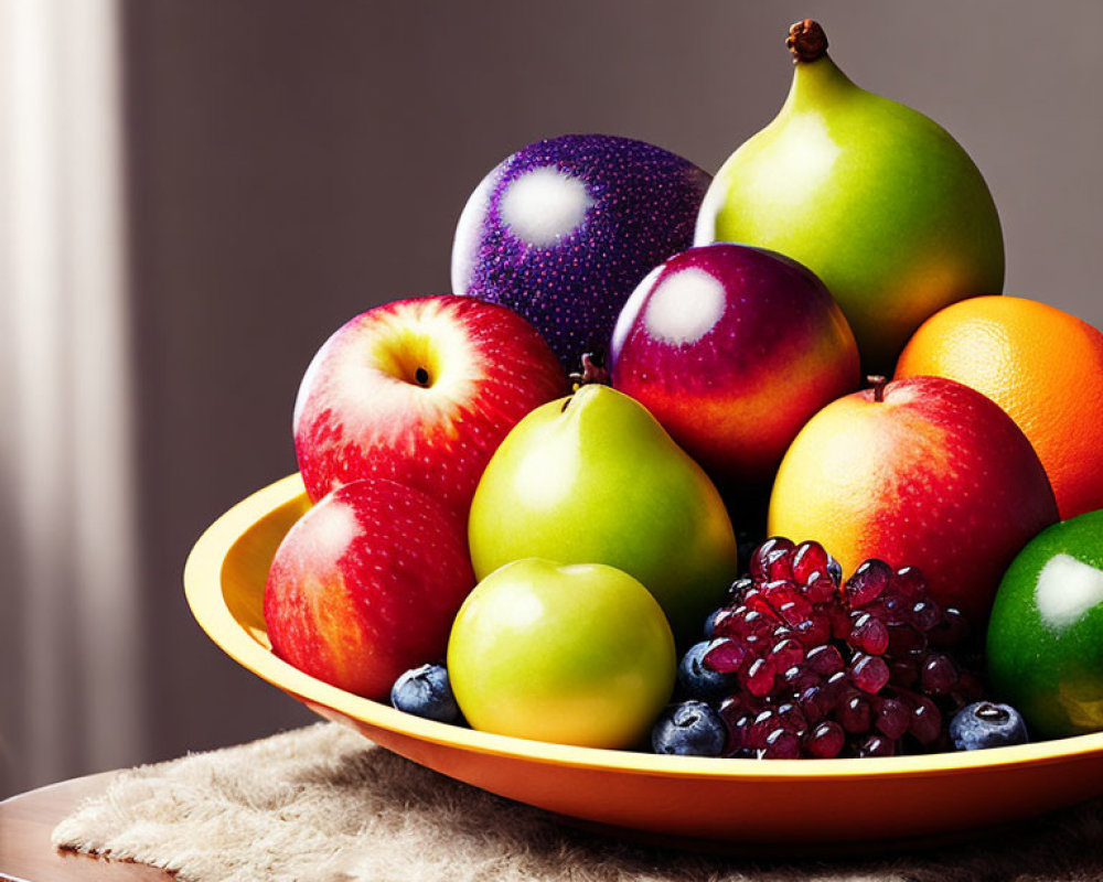 Assorted fruits in vibrant bowl on wooden table