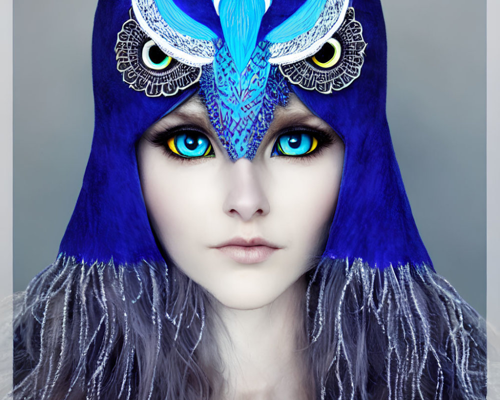 Striking Blue-Eyed Person in Blue Owl Mask on Grey Background