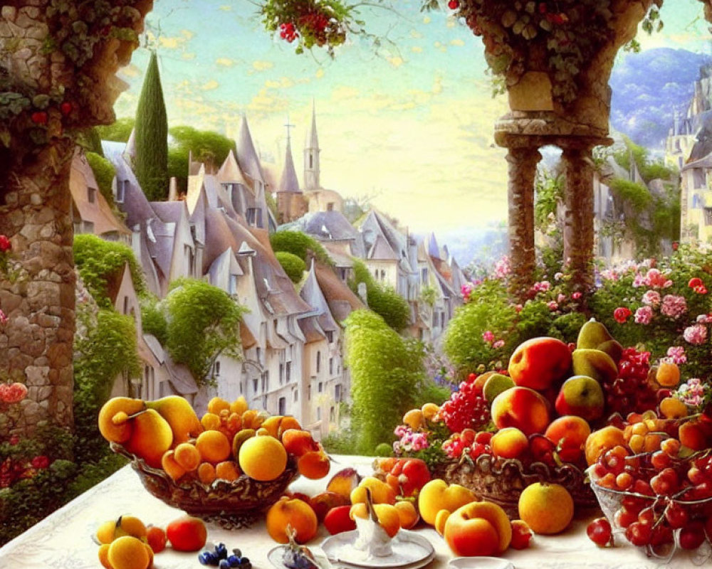 Colorful Painting: Stone Archway & Fairy Tale Village with Fruits