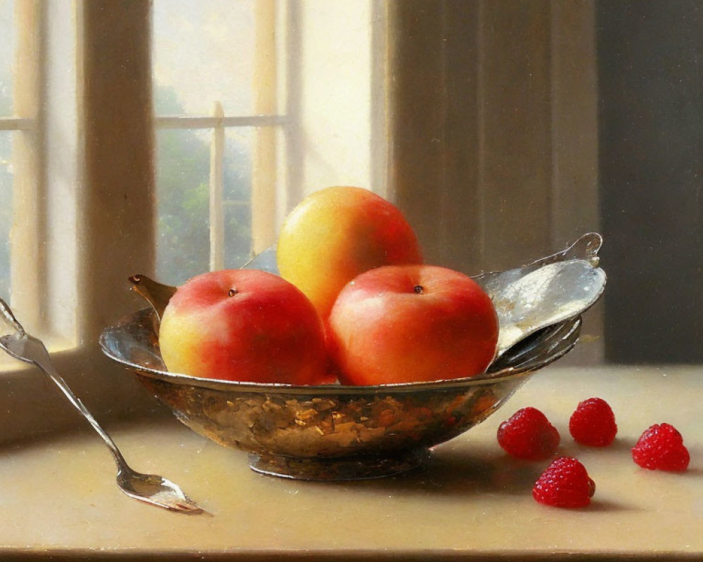 Classic still life painting with bowl of peaches, spoon, and raspberries on windowsill