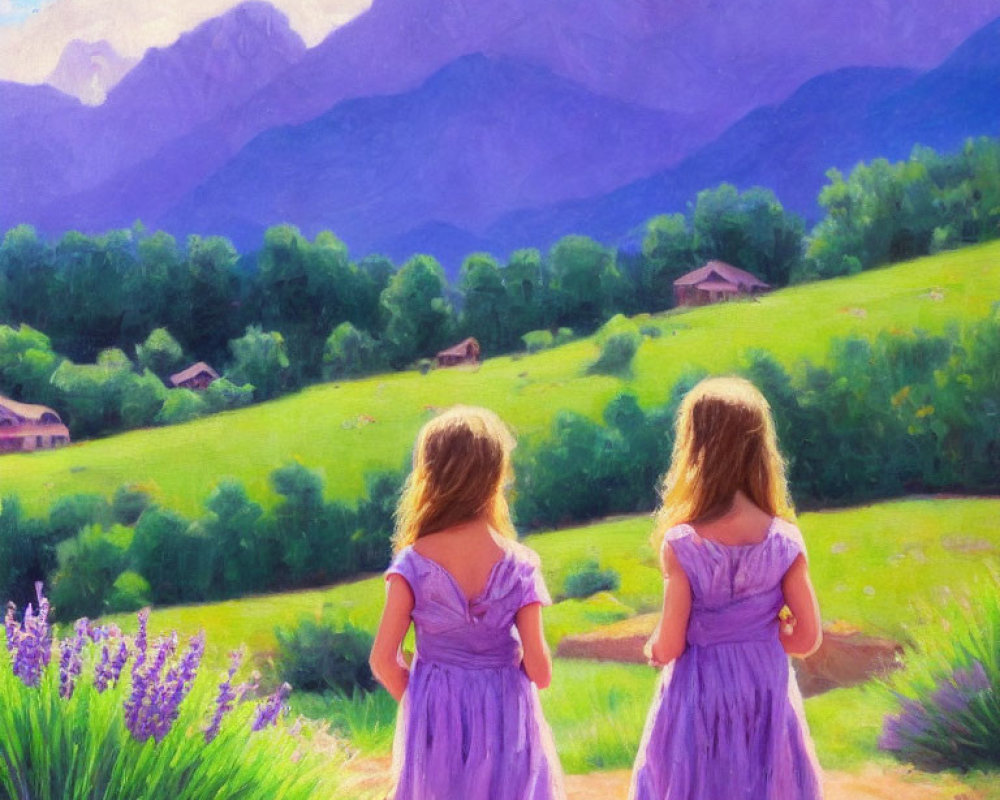 Two girls in matching purple dresses admire scenic mountain landscape