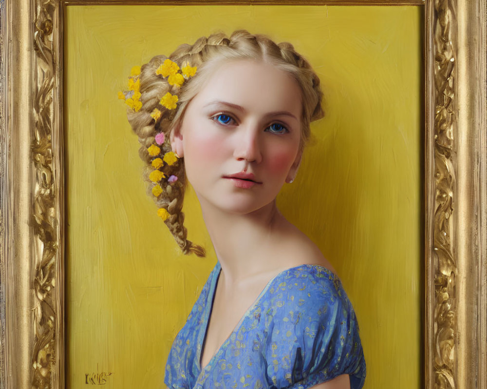 Portrait of young woman with braided hair and yellow flowers, in blue dress and ornate golden frame