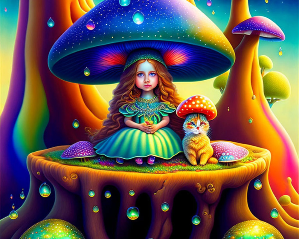 Fantasy illustration of girl on blue mushroom with cat in enchanted forest