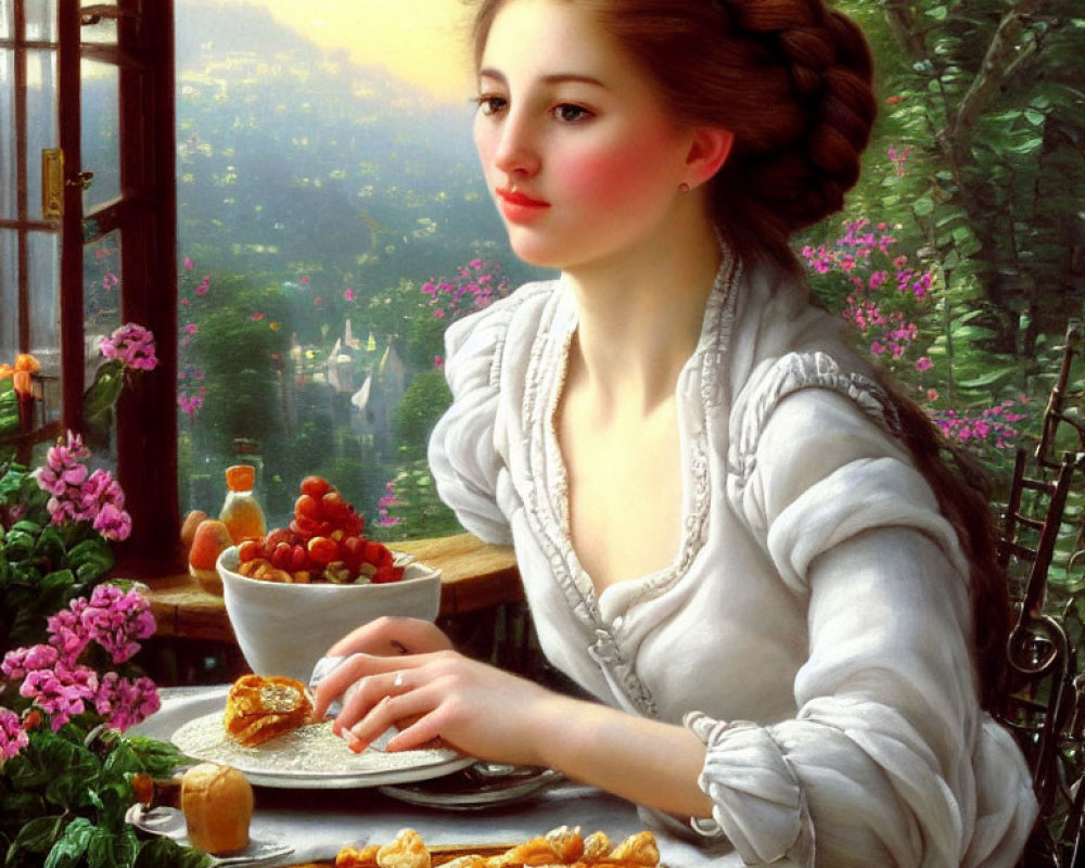 Young woman with braided hair surrounded by flowers, fruit, and pastries at a table by a