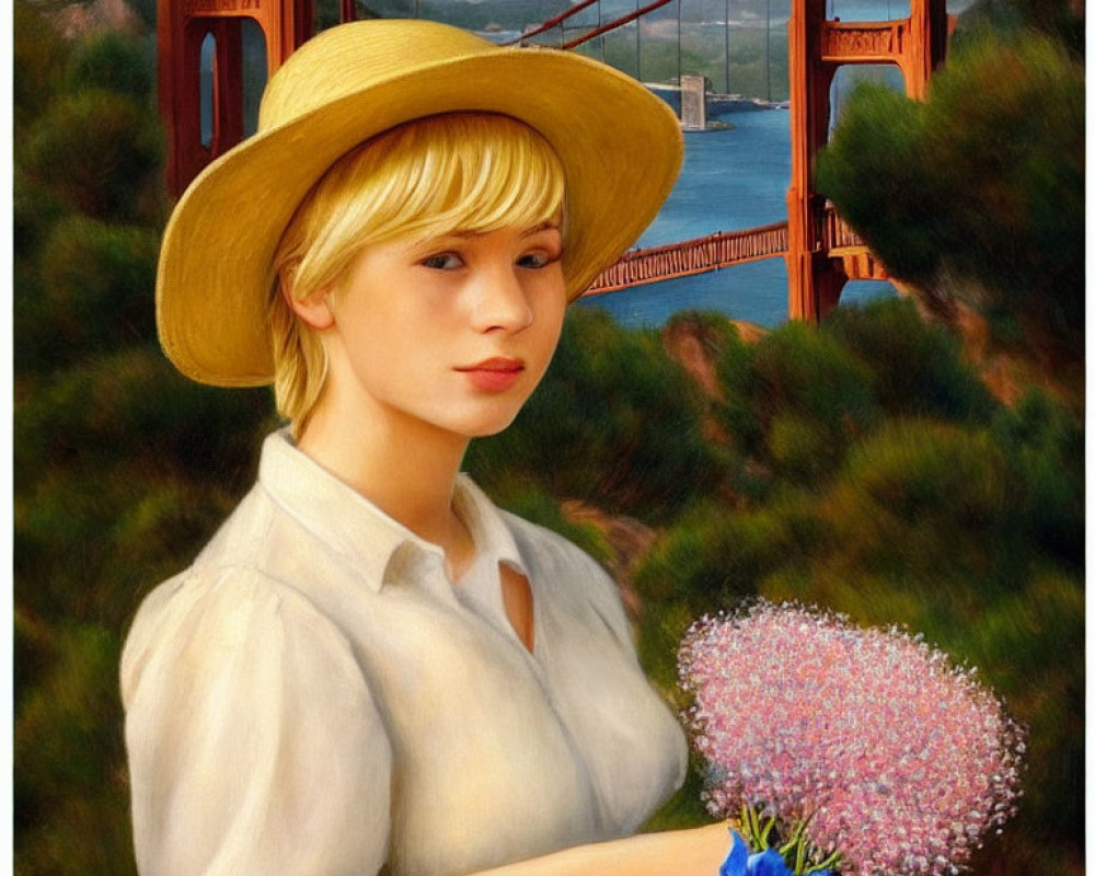 Woman in yellow hat holds bouquet with Golden Gate Bridge in background