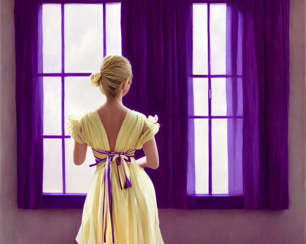 Woman in yellow dress by large window with purple curtains and soft light.