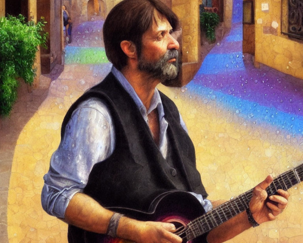 Bearded Street Musician Playing Acoustic Guitar on Cobblestone Streets