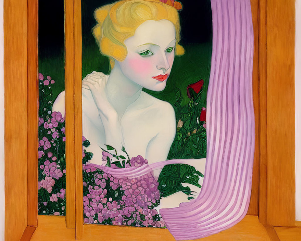 Blonde woman with flowers looking out window in illustrated scene