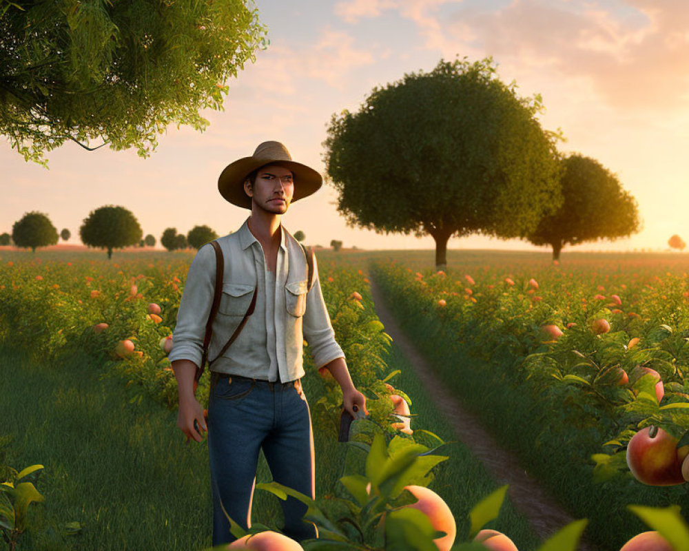 Man in hat standing in peach orchard at sunset with warm glow.