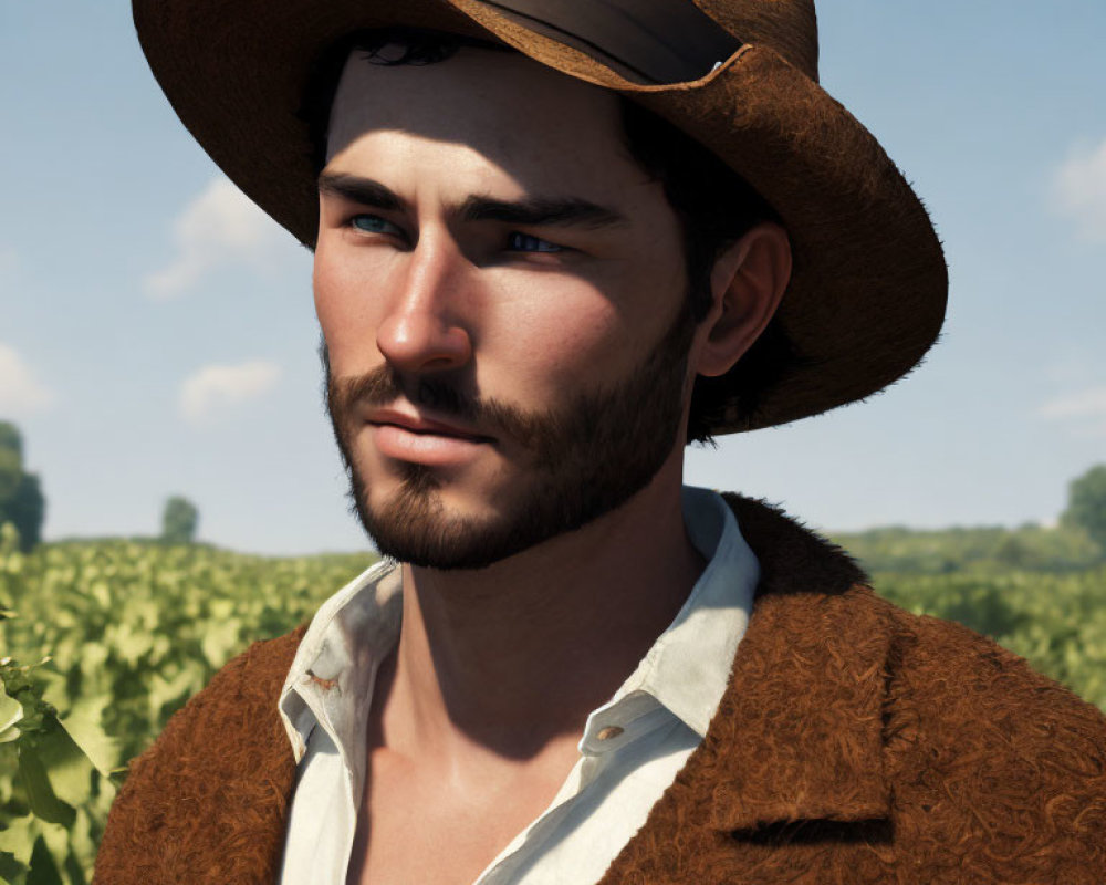 Bearded man in wide-brimmed hat and jacket in countryside landscape