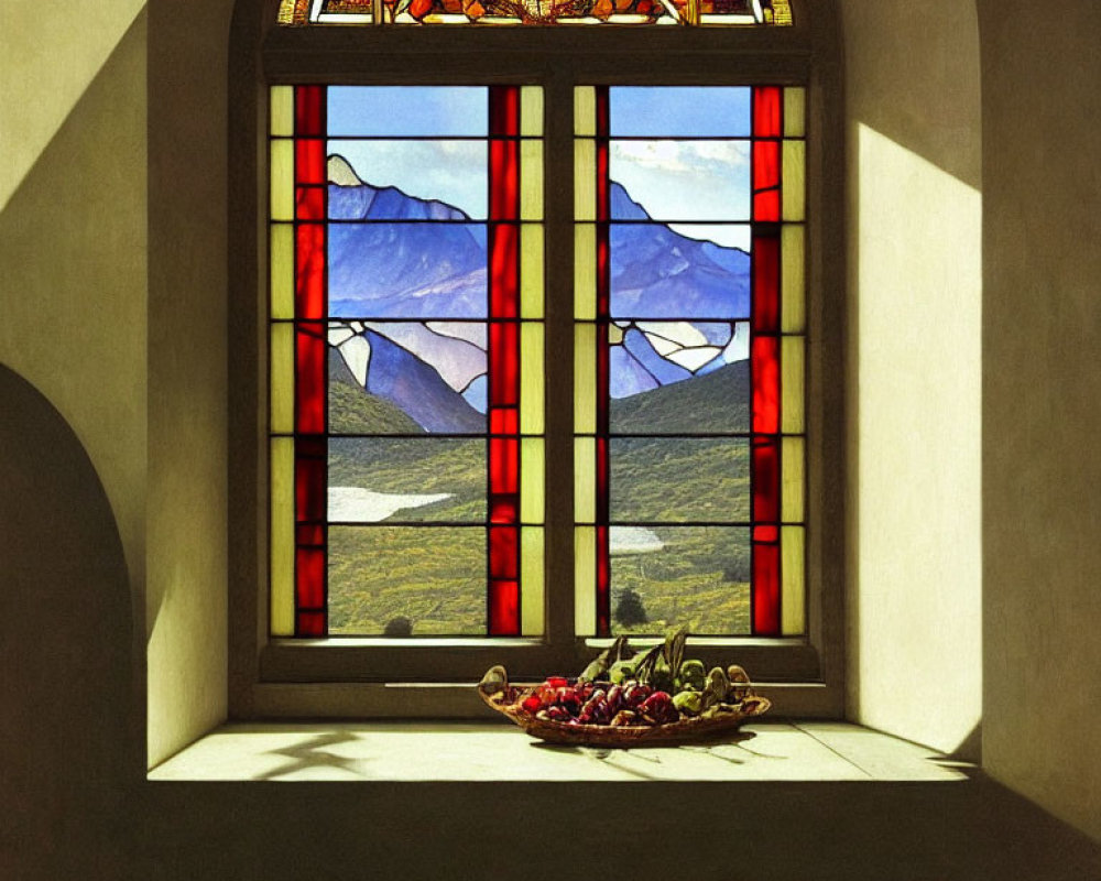 Colorful stained glass window overlooks mountain view with chili peppers.