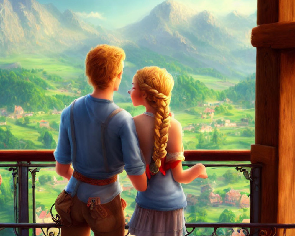 Male and female animated characters with braid admire mountain village scenery.