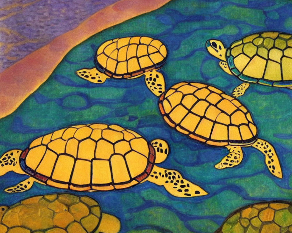 Vibrant artistic depiction of four turtles on blue background