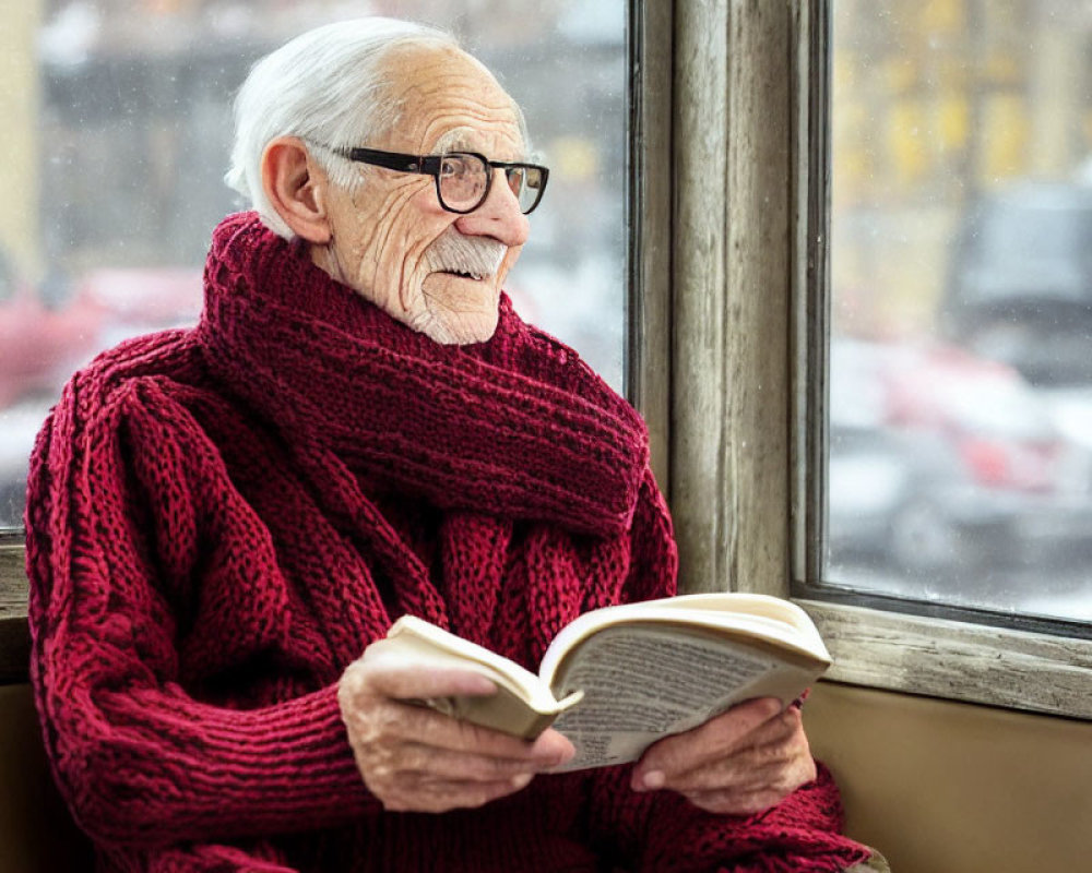 Elderly Man Reading Book by Snowy Window