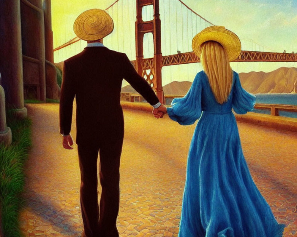 Couple in formal attire holding hands near Golden Gate Bridge at sunset