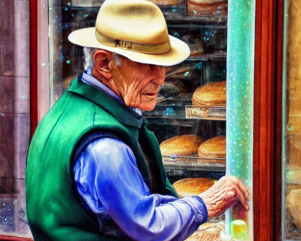 Elderly man in tan hat and green vest looks at bakery window with bread loaves