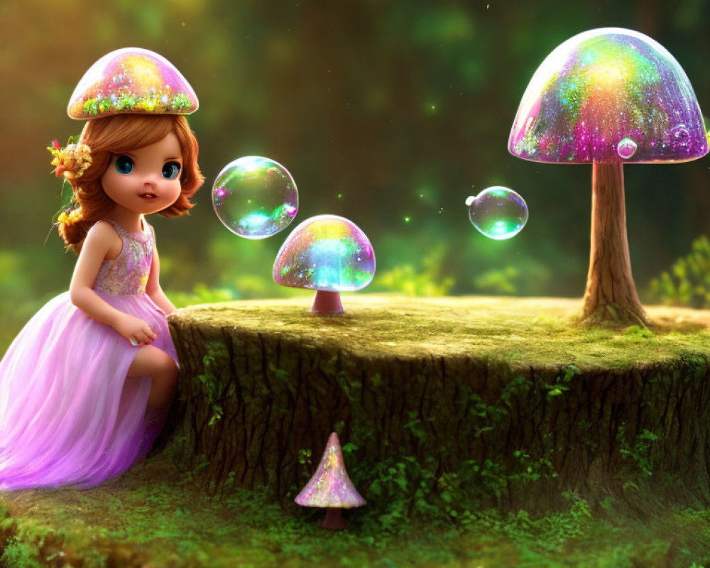 Animated young girl in pink dress with oversized mushrooms in magical forest