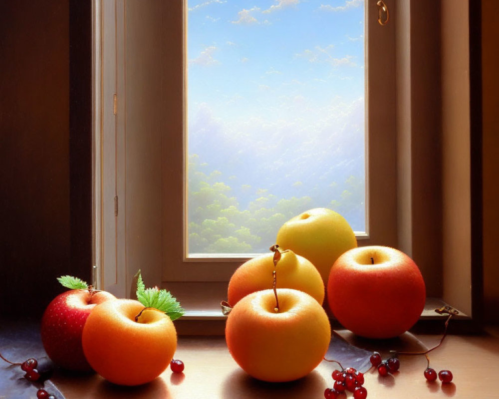 Natural light highlights colorful fruits on windowsill with serene sky view