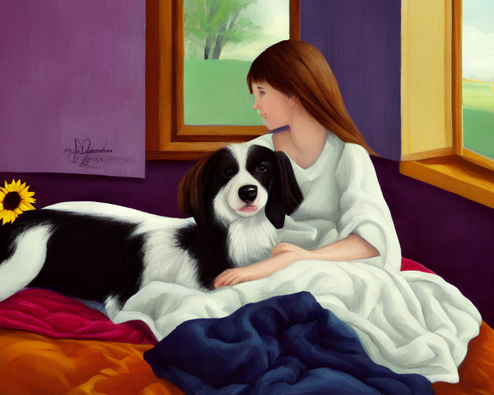 Woman in white sitting with black and white dog on colorful bedspread by open window