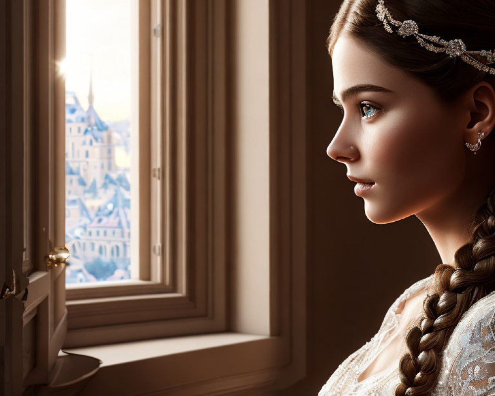 Braided hairstyle woman gazes out window with castle in distance