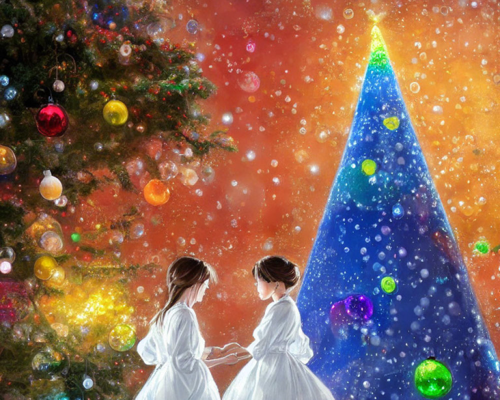 Two girls in white dresses holding hands near vibrant Christmas trees under a sparkling sky