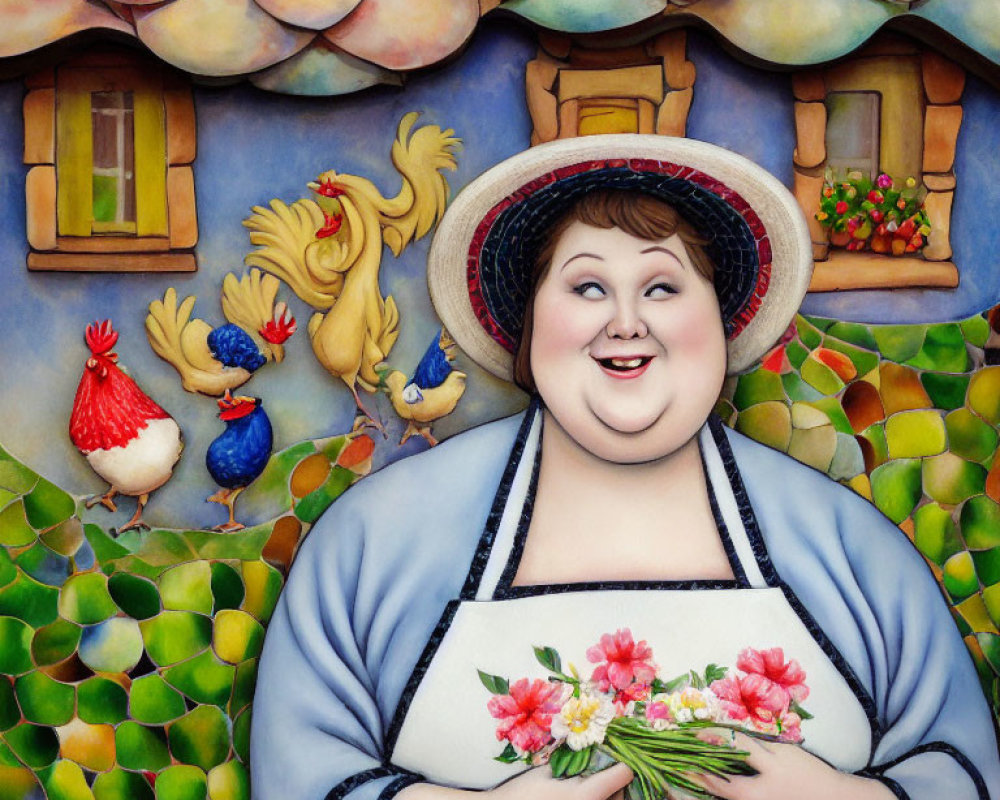 Smiling woman with flowers, chicken, and rooster by whimsical cottage