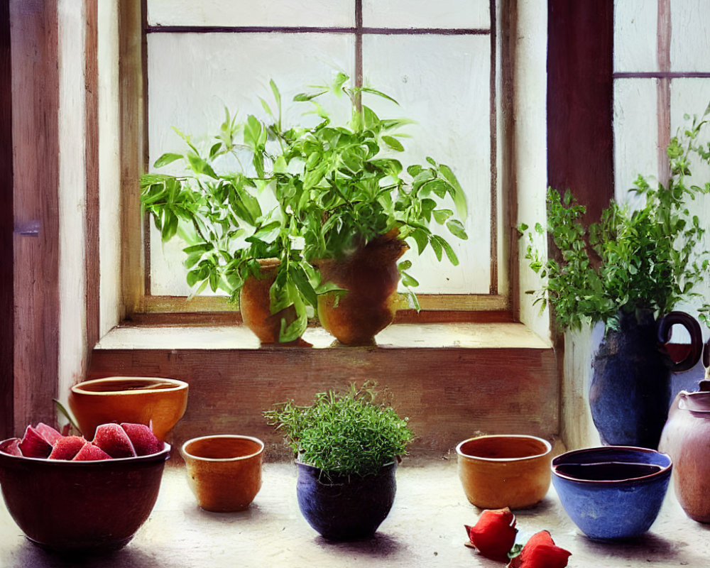 Rustic windowsill with plants, pottery bowls, blue pitcher; sunlight illuminates strawberries and herbs