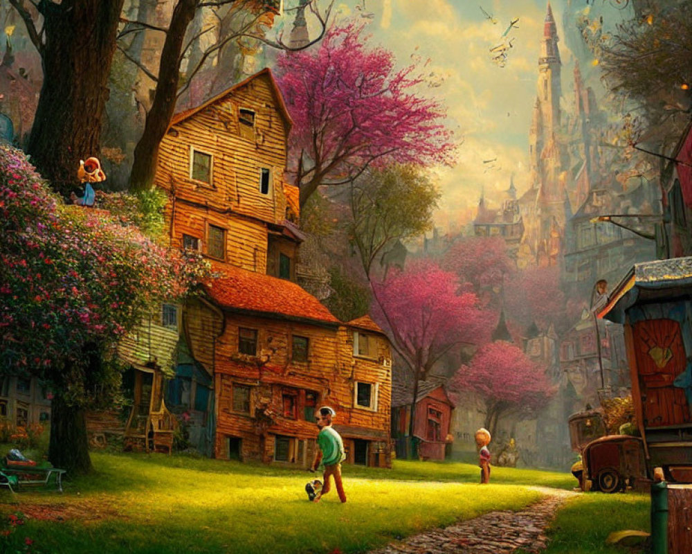 Children playing near old houses and a castle in a magical setting.