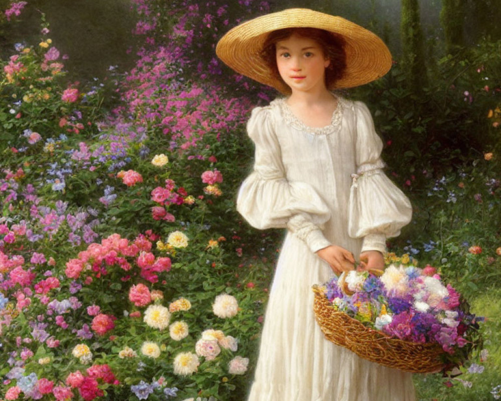 Young girl in white dress and straw hat holding basket of colorful flowers in vibrant garden.