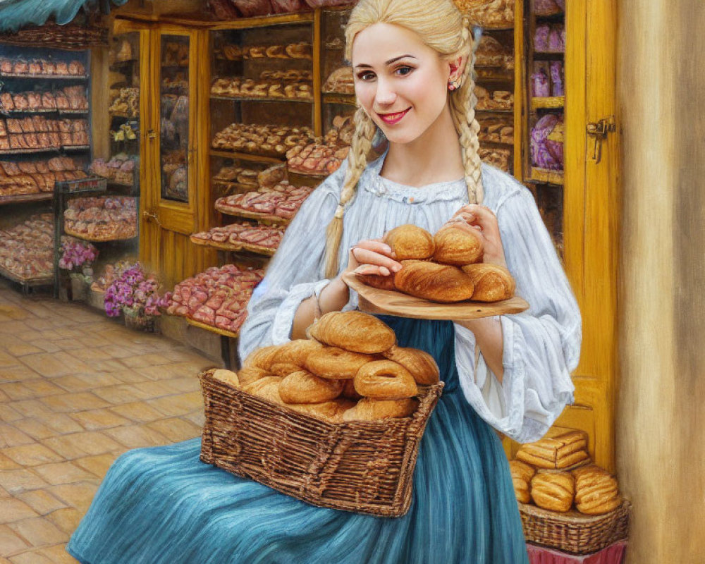 Traditional Attire Woman with Braided Hair Holding Bread Basket Outside Bakery