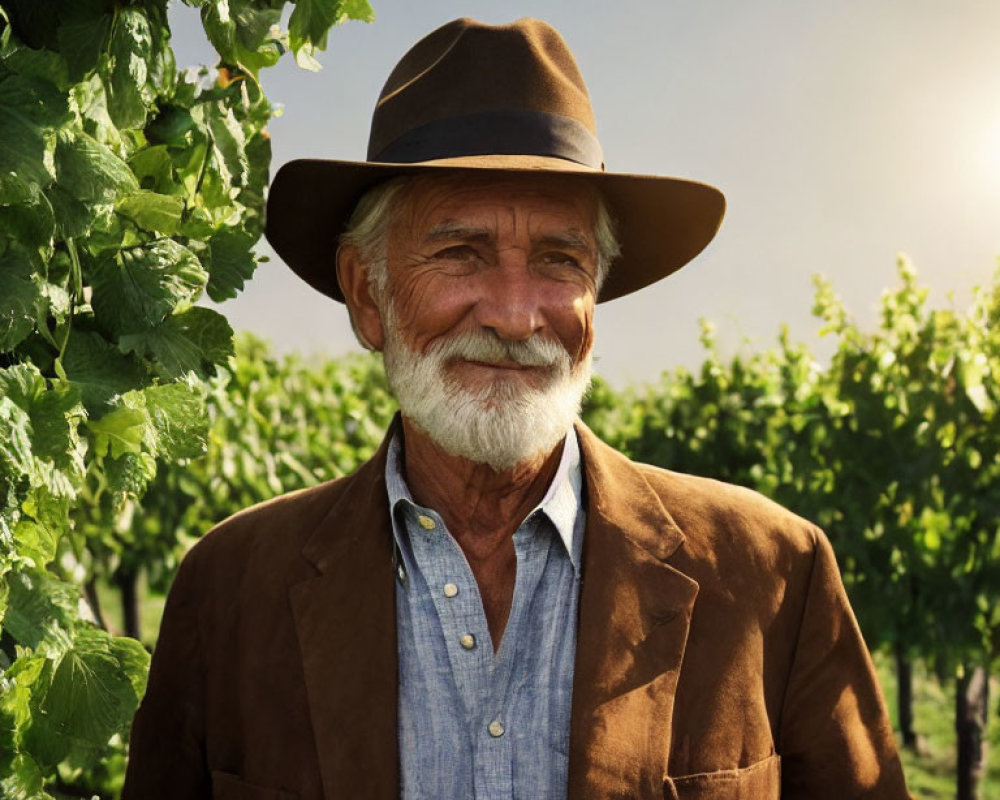 Elderly Man in Brown Hat and Jacket Smiling in Vineyard