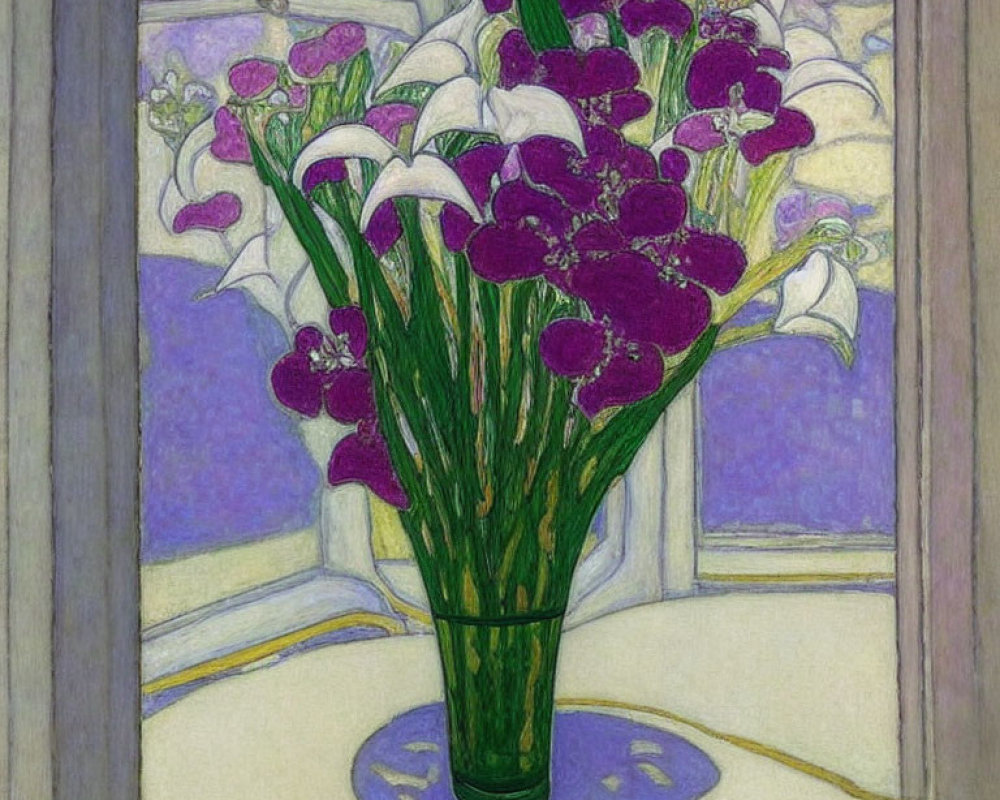 Vibrant purple and white irises in vase by stained glass window