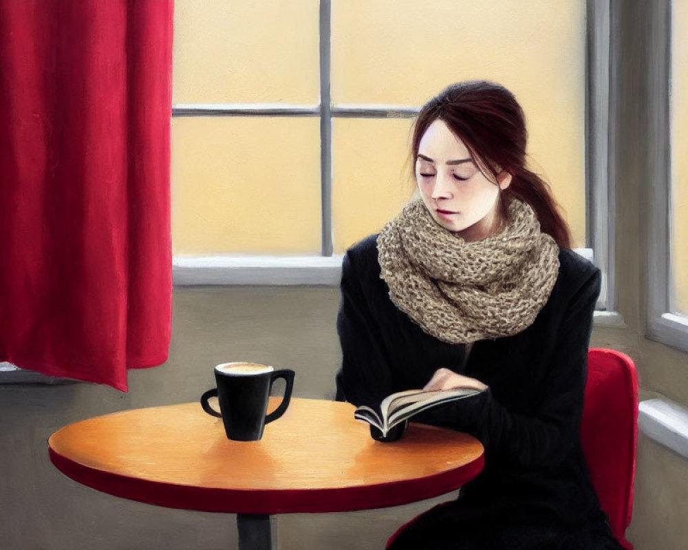 Woman reading book at cafe table with red curtain and coffee cup