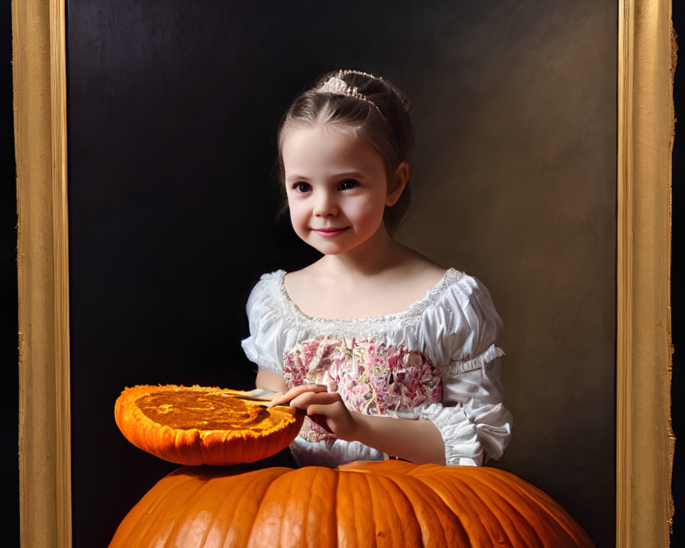 Young girl with tiara holding pumpkin pie near large pumpkins