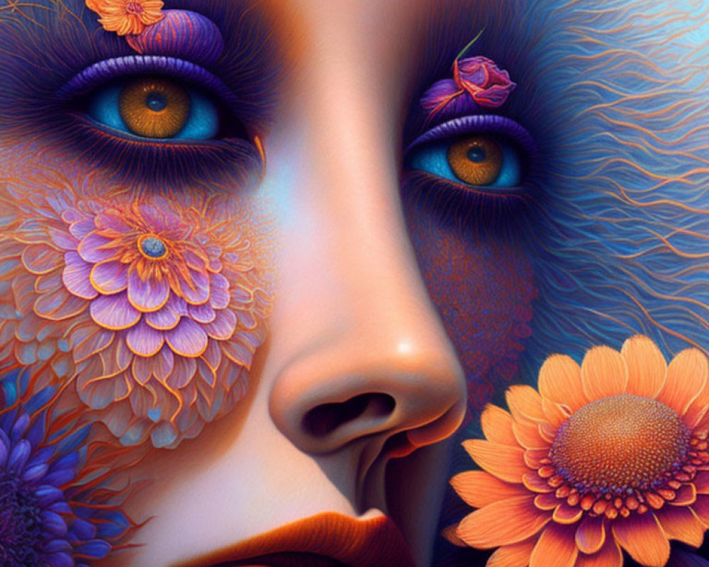 Colorful Face Artwork with Blue Eyes and Floral Patterns in Orange, Blue, and Violet