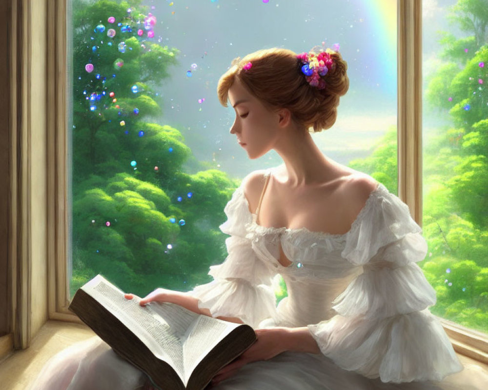 Woman in white dress reads book by window overlooking lush forest with colorful lights and rainbow.