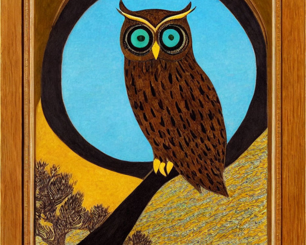 Stylized owl on branch against crescent moon in wood frame