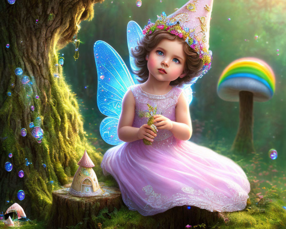 Illustration of fairy child with blue wings and pink dress by tree with bubbles and rainbow