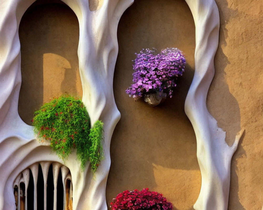 Detailed Close-Up of Ornate Building Facade with Whimsical Shapes and Colorful Flowers