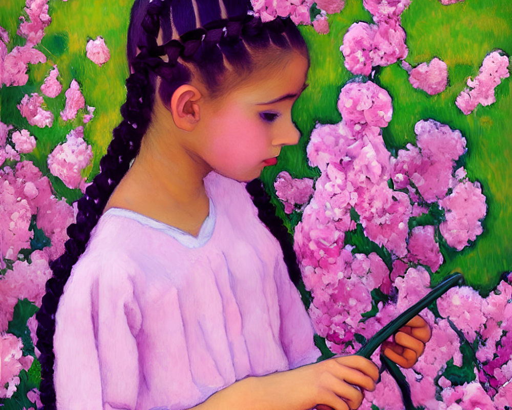 Young girl in pink dress with braids using tablet amidst vibrant pink flowers