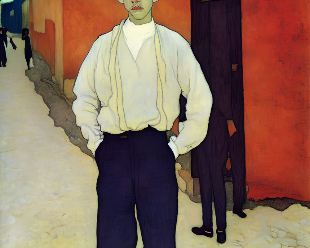 Colorful painting of man in white shirt on street with orange and blue walls.