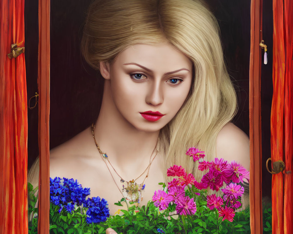 Realistic digital artwork of blonde woman by window with colorful flowers & red curtains