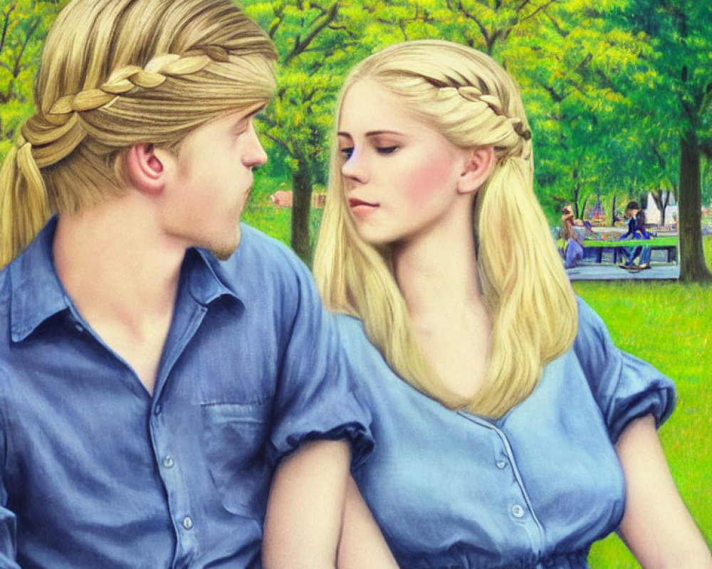 Two individuals with braided hair in blue shirts sitting in a park with green trees and people in the