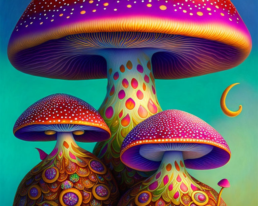 Vibrant stylized mushrooms under twilight sky crescent moon