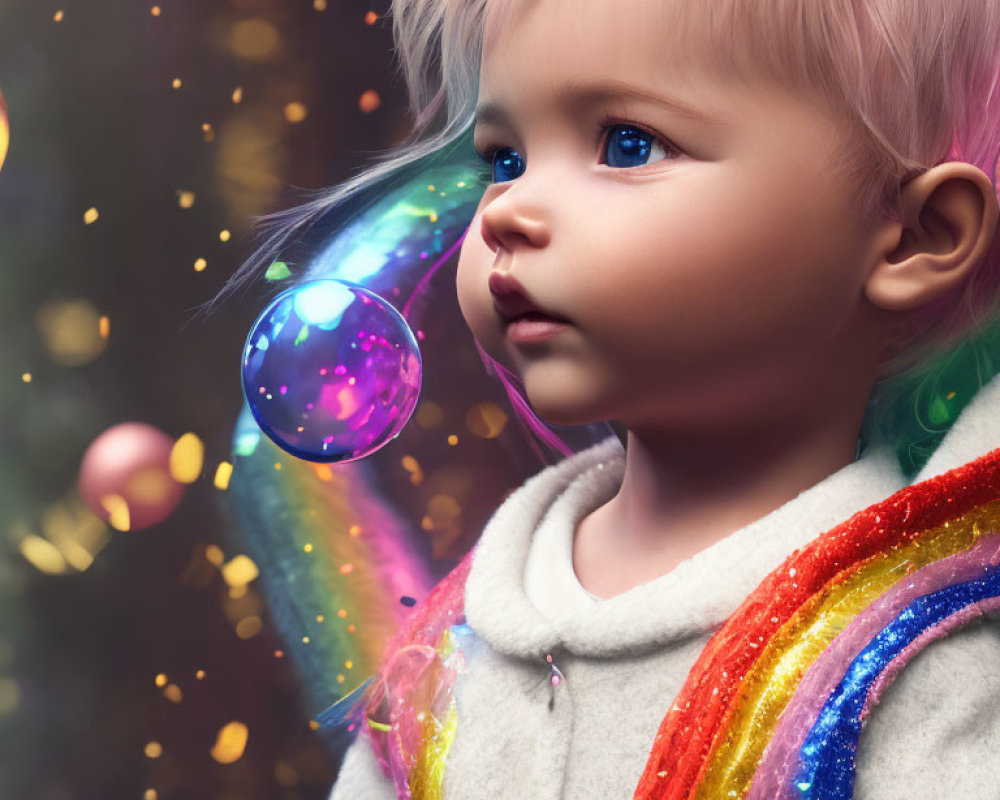 Blue-eyed toddler admires glowing bubble in rainbow jacket